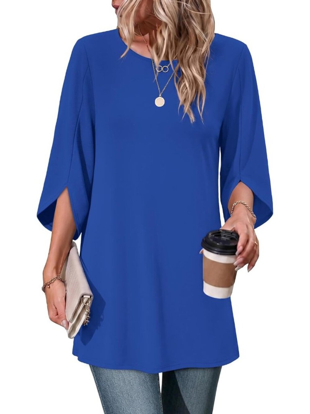 Women's Blue 3 4 Length Sleeve Boho Crew Neck Casual Tops Imported T Shirts